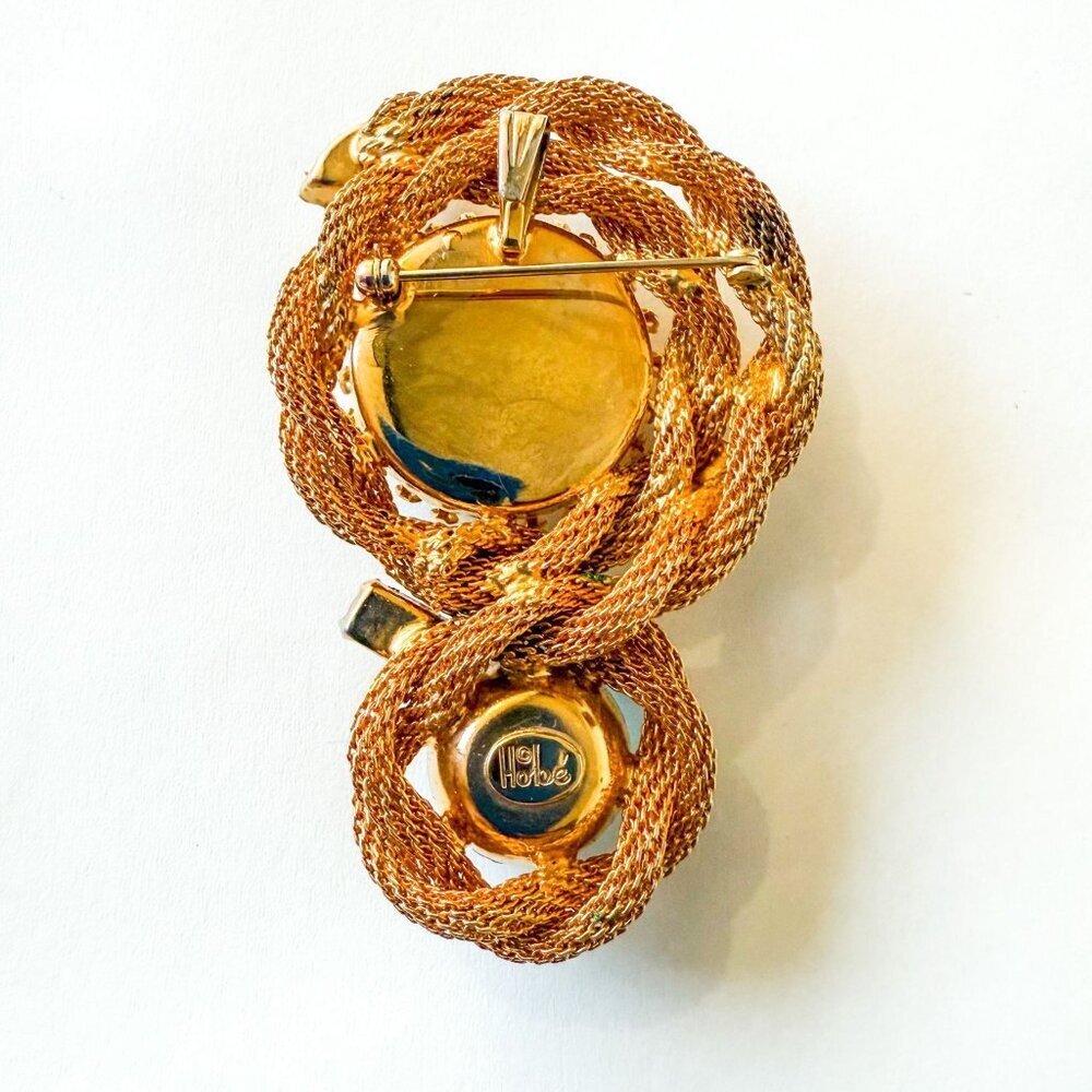 Vintage Hobe Gold Tone Mesh Cord Brooch Faux Opal Teal Crystals - Picture 6 of 7